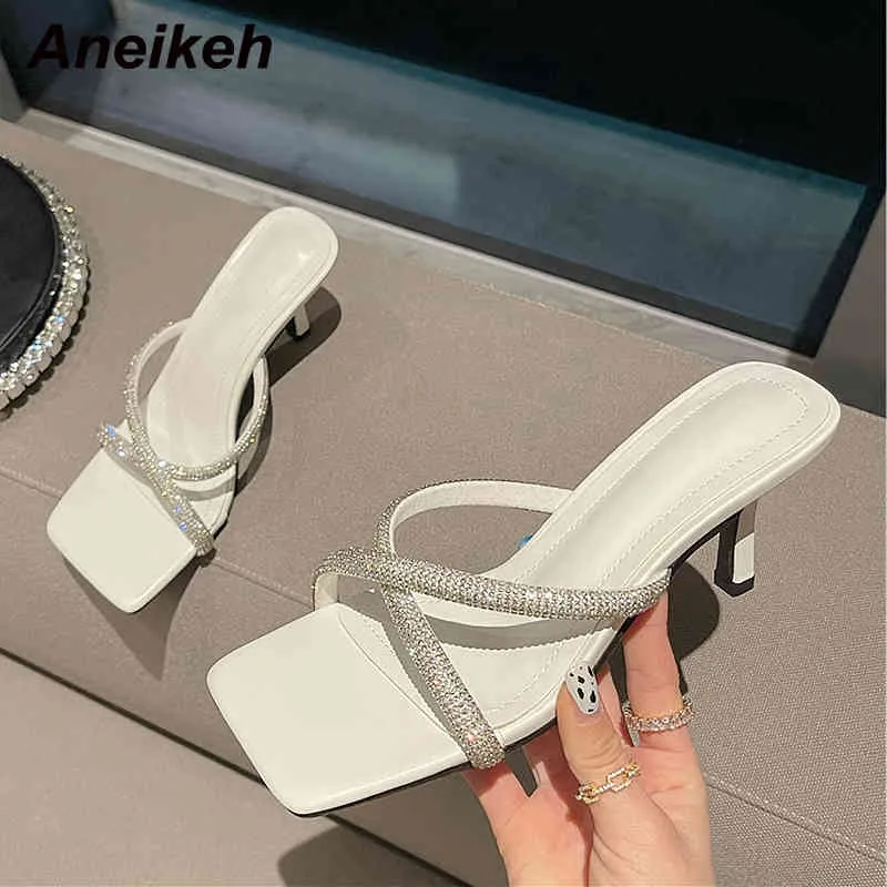 Summer Fashion Slip-On Square Toe Thin Heels Party Slippers Bling Band Diamond Bordered Women Sandalias Mujer 210507