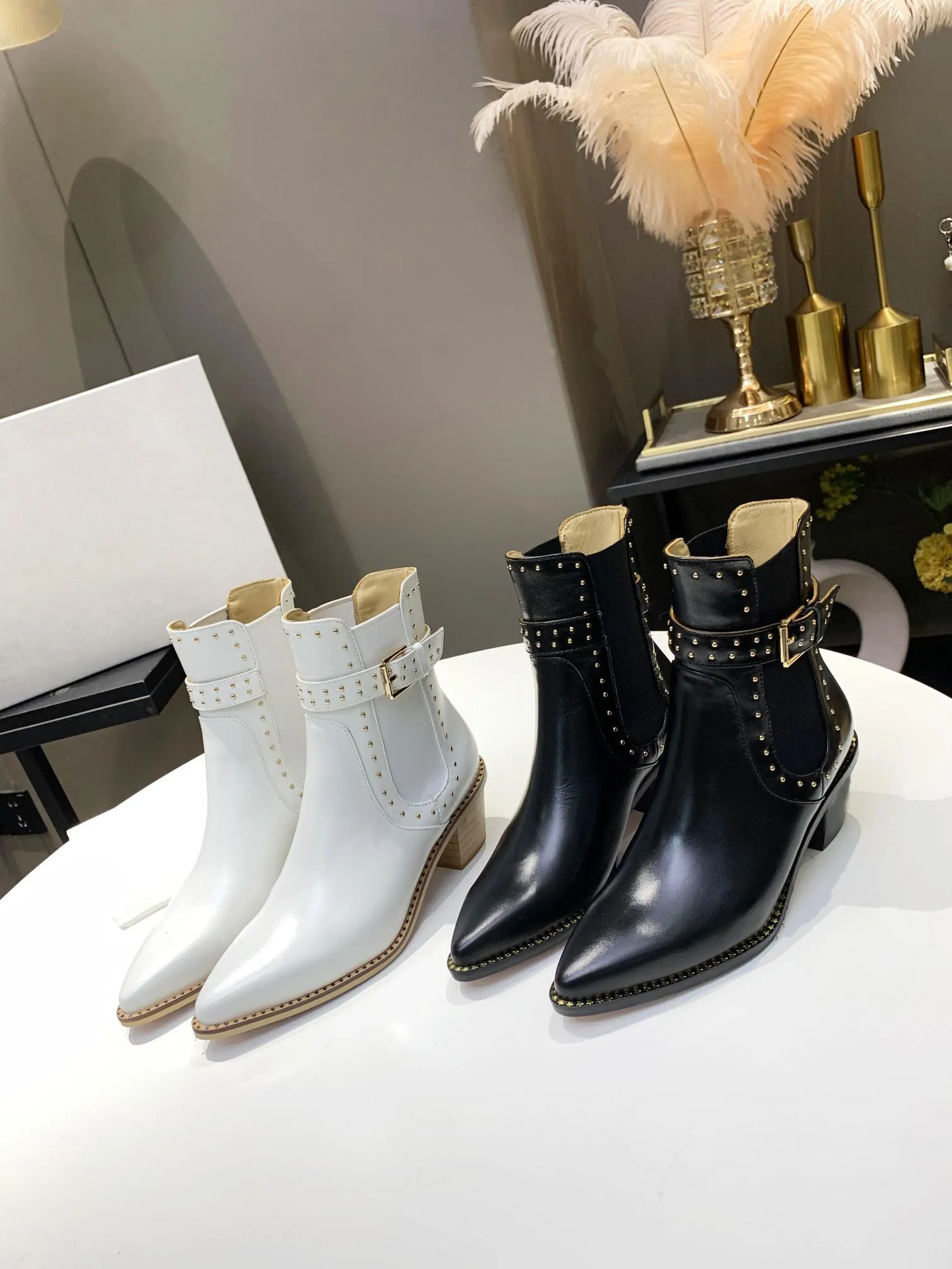 High heeled Fashion rivet boots Autumn winter Coarse heel designer women shoes 100% Soft cowhide womens Zipper luxury Boot leather lady Wedges Heels size 35-41 us4-us10