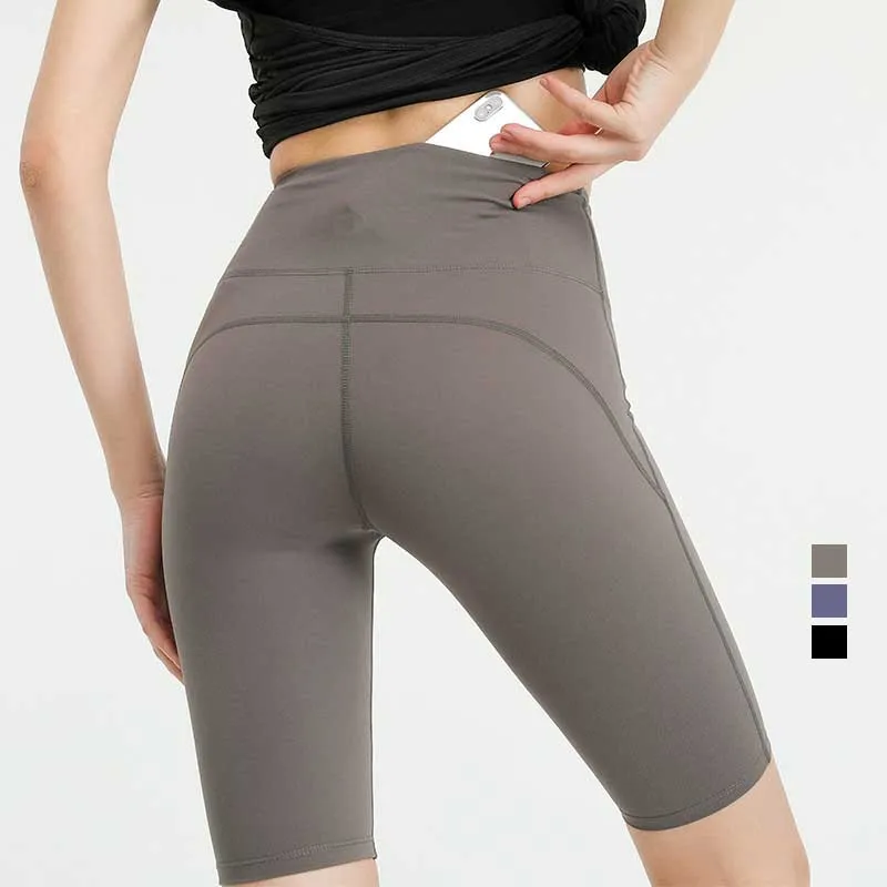 Zomer leggings womens yoga broek fitness oefening strakke fitting running naakt hip-lifting elastische high-taille achterzak vijf-punts