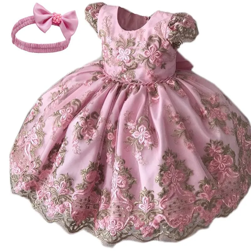 Tjejklänningar Söt Bow 1 År Baby Tjej Kläder Spädbarn Party Tutu Girls Dress Född 1: a Birthday Outfits Toddler Lace Chopening Crowd