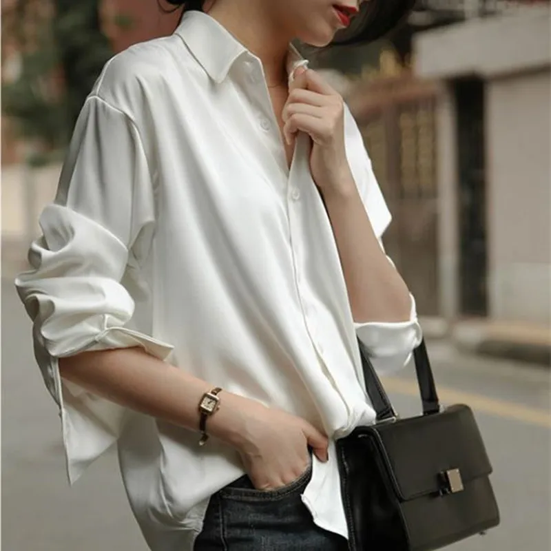 Beyaz Gömlek Kadınlar Uzun Kollu Minimalist Leke Bez Sonbahar Elegance Bluzlar Tops Katı Şık Nazik Temel Gömlek 210421 Tops