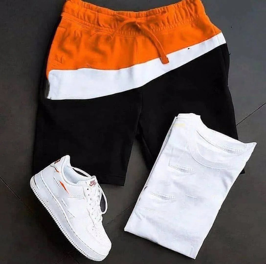 bomull herrshorts byxor träningsoverall byxa tryck logotyp Splicing casual sportbyxor Loose Street Fritid Modestil byxor och t-shirt endast utan skor