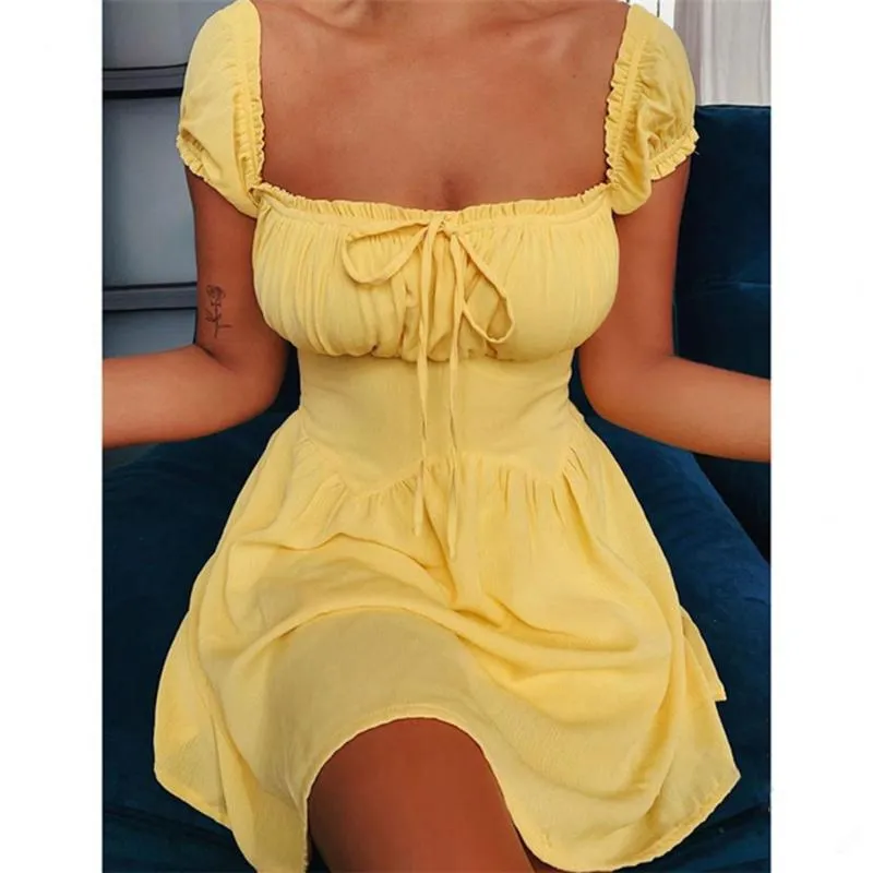 Повседневные платья мода женщины квадратная шея галстука деталь мини платье собрано бюст установленные плюс размер шарики лифа лето