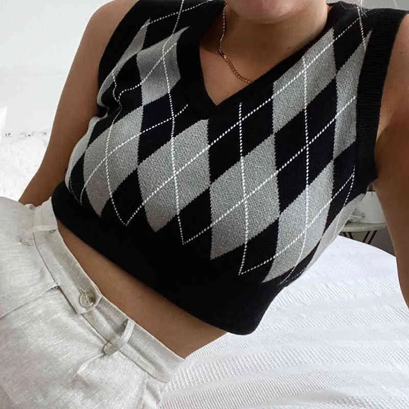 Vintage 90s Argyle Cropped Knit Pull Gilet Femmes Sans manches Casual Pulls rayés Y2K Top Knitwear Jumper Streetwear 210415