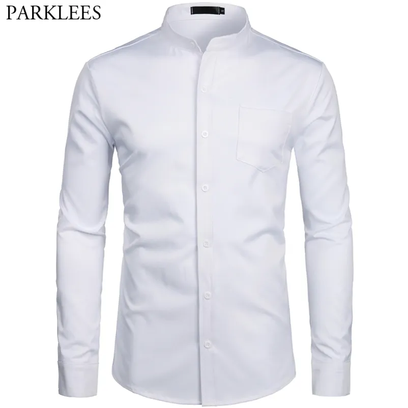 Men's Hipster Mandarin Collar Dress Shirts Brand Slim Fit Long Sleeve Chemise Casual Work Busienss Shirt Male White 2XL 210708