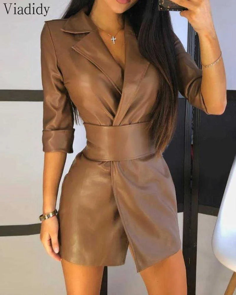 PU Leather Blazer Dress Women Turn Down Collars With Belt Dresses Office Lady Casual Outfits Y0726 From 20 81 DHgate