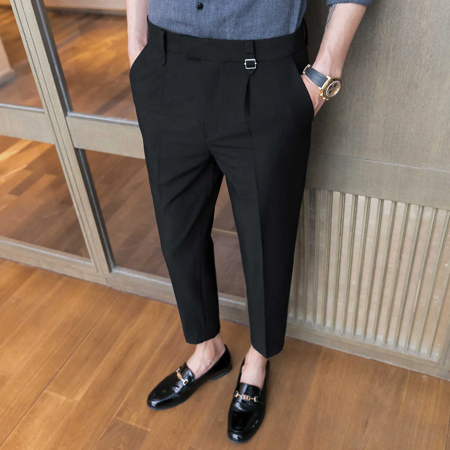 Size 27-36 Men Ankle Length Pants Spring Summer Autumn Fashion Casual Slim  Fit Stretch Long Business Suit Dress Pants Chinos Slacks Black Gray Blue