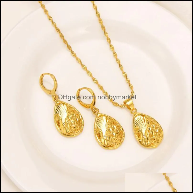 Earrings & Necklace Dubai India Gold Waterdrop Wedding Pendant Jewelry Sets Women Girl Bridal Party Souvenir Charms Gift