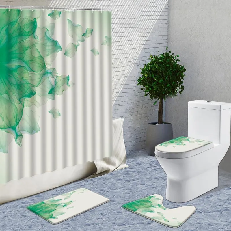 シャワーカーテン緑の手描き植物の葉の布4pcs装飾バスルームカーテンセットアンチスキッドフランネルラグトイレカバー