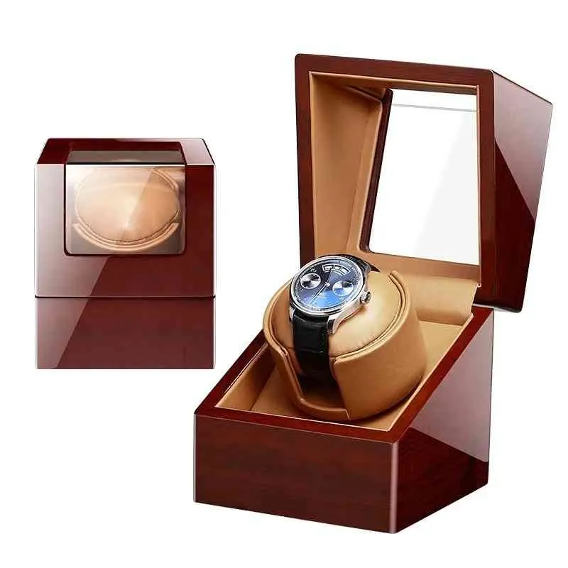 2022 Lyx 1 Watch Box Automatisk Trä Mekanisk Klockor Winder Storage Single Winding PU Läderfodral Hållare Silent Display