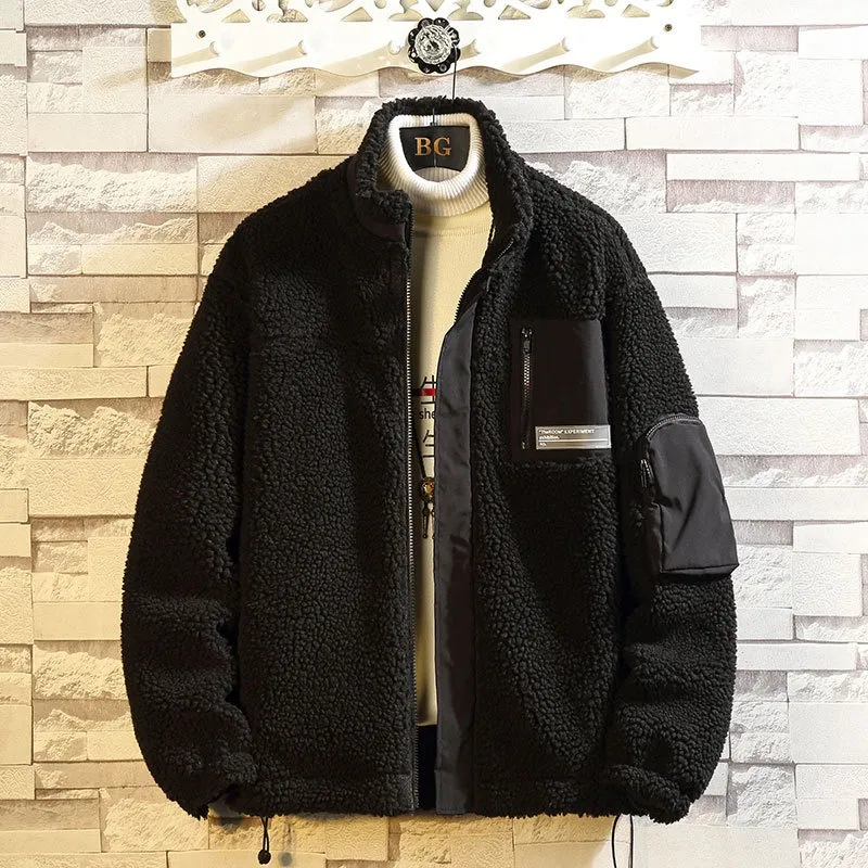 Men's Fur Lamb Wool Men's Coat Autumn Winter Solid Stand Collar Zipper Warm Wind-proof Large Size Casual Fashion Male Quality Parka