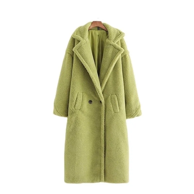 Sonbahar Kış Kadın Avokado Yeşil Teddy Ceket Şık Kadın Kalın Sıcak Kaşmir Ceket Casual Kızlar Streetwear 211130