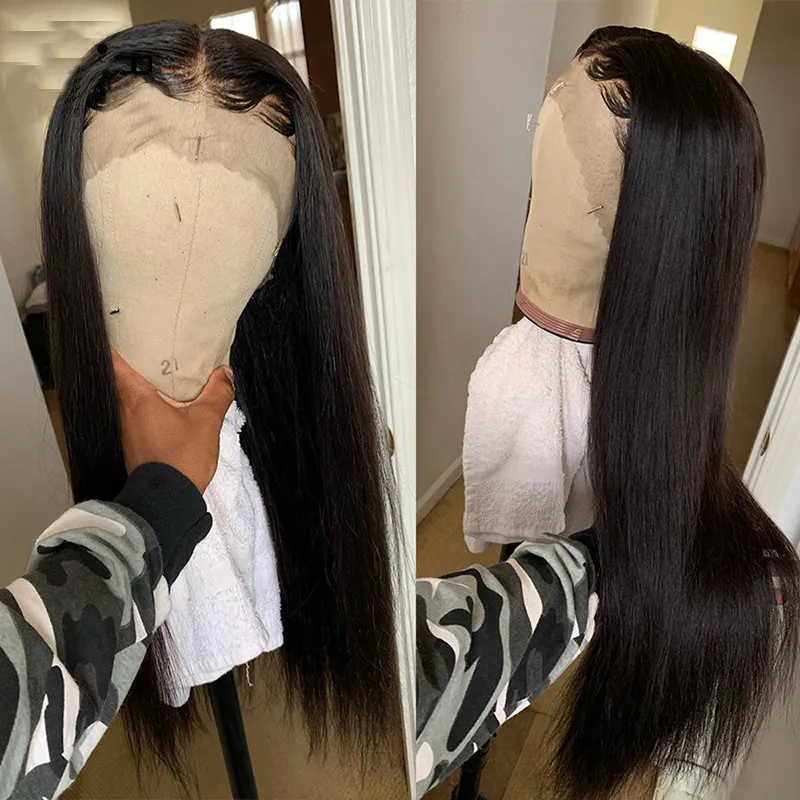 Перуанские человеческие девственные волосы 13x6 кружевной фронтальный парик прямой натуральный цвет 12-32 дюйма свободной части парики