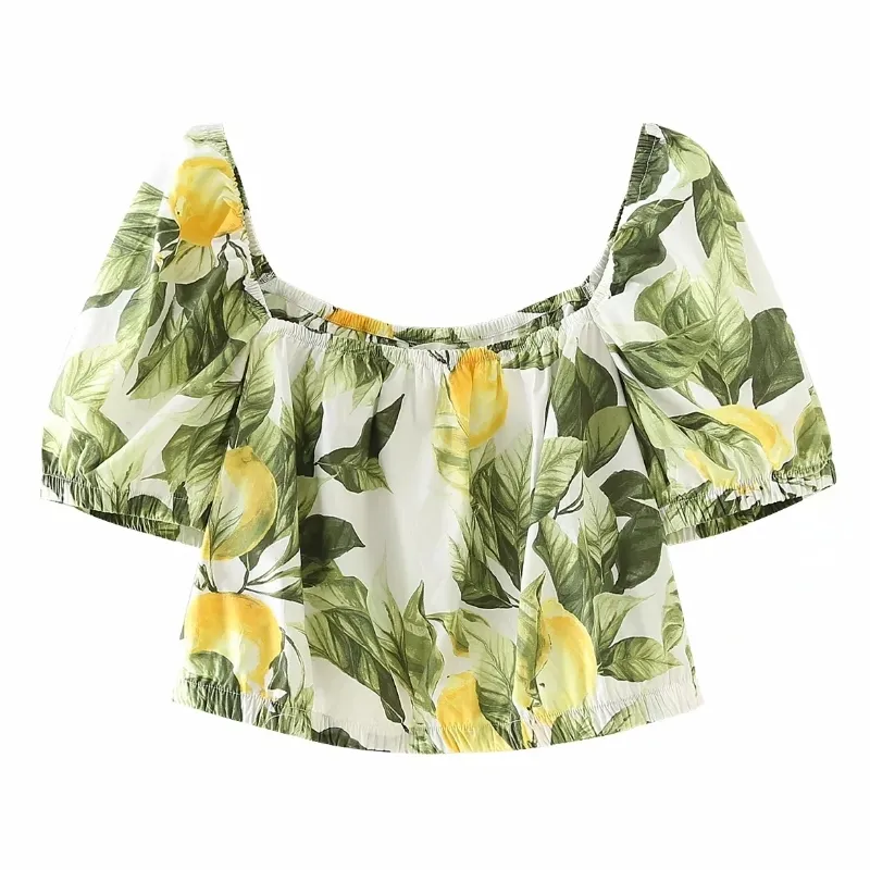 Citron Print Square Collar Kort Blus Kvinnor Sommar Snygg Puffhylsa T-shirts Femme Casual Crop Tops S7377 210430