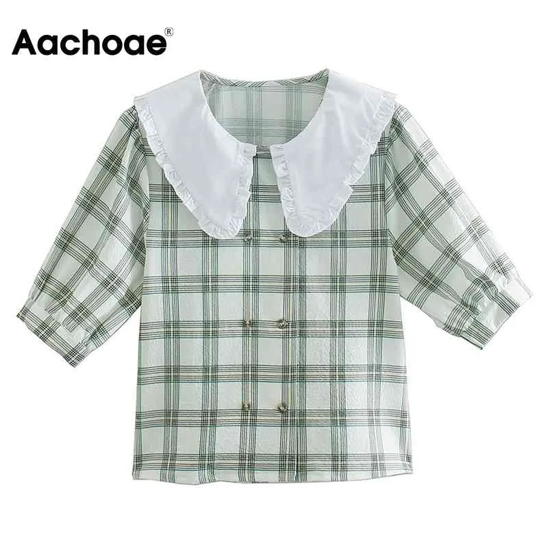 Women Blouses Sweet Peter Pan Collar Plaid Blouse Female Short Sleeve Casual Tunic Shirt Vintage Summer Tops 210413