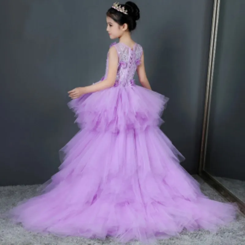 Fancy Flower Girl Dress with Train Children Show Performance Costume barn Baby Pageant Gownslong Tail Tulle Pink Gowns Boutique Clothes 403