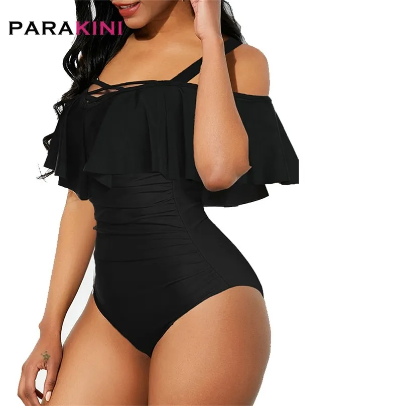 Parakini Plus Size Badpak Sexy Off Shoulder Solid Swimwear Dames Vrouwelijke Badpak Ruffle Monoki 210712