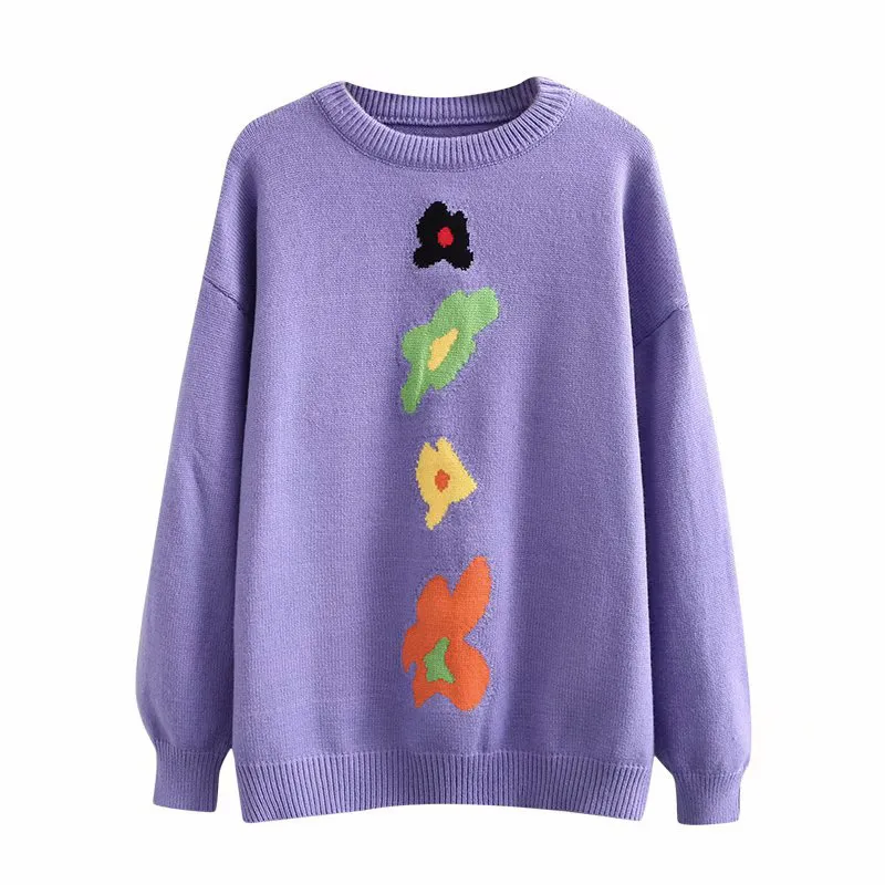 Women Sweater Knitted Pullovers Violet White Loose Winter Crew Neck Floral Print M0404 210514