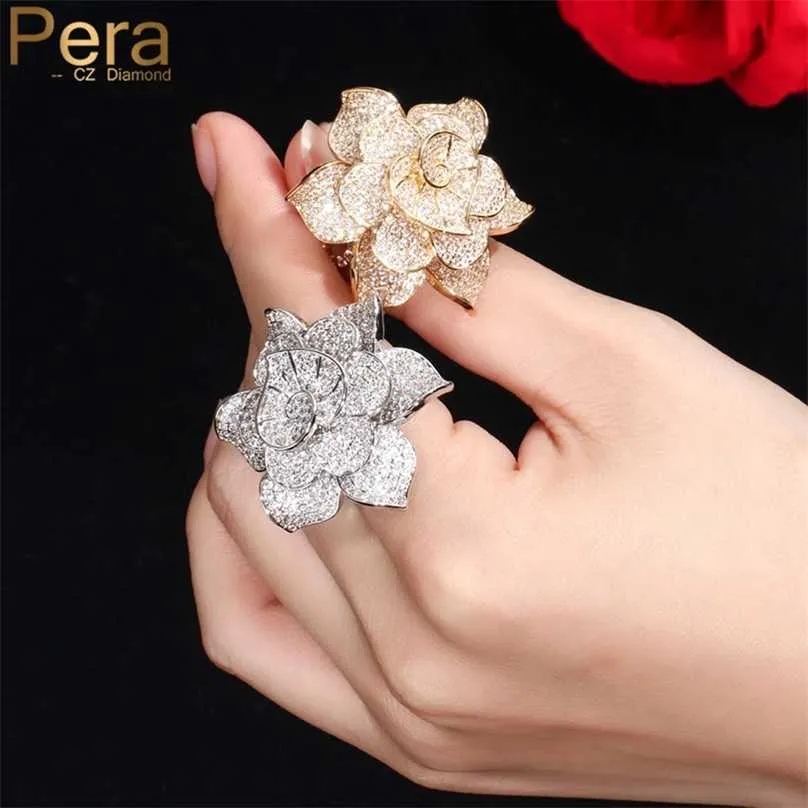 Pera Luxury Big Statement Leaf Cluster Shape for Women Wedding Cubic Zirconia Dubai Gold Bridal Finger Rings Jewelry Gift R091 211217