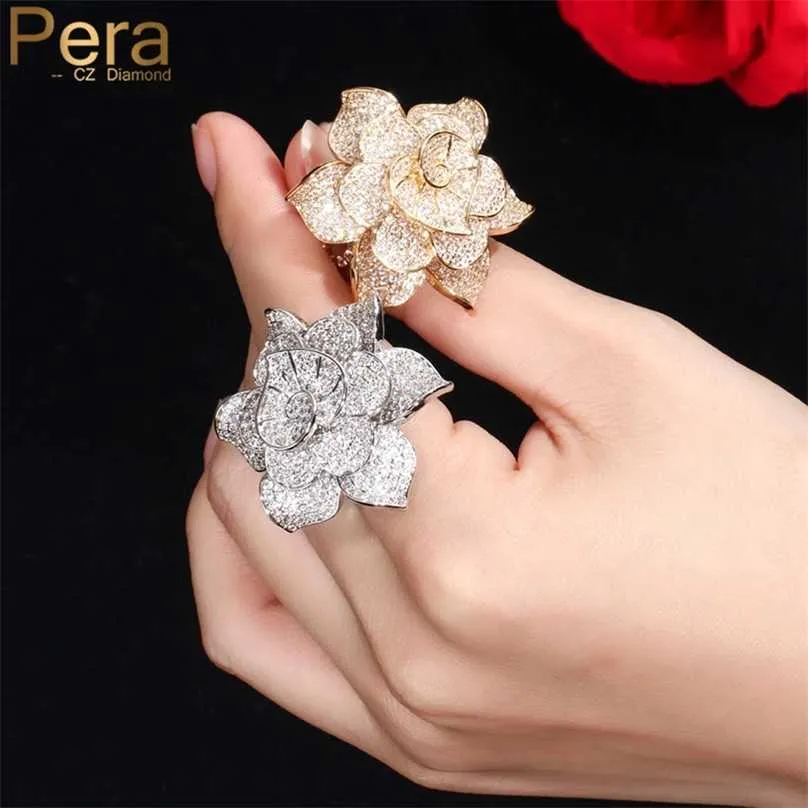 Pera Luxury Big Statement Leaf Forma de racimo para mujeres Boda Cubic Zirconia Dubai Gold Anillos de dedo nupciales Regalo de joyería R091 211217