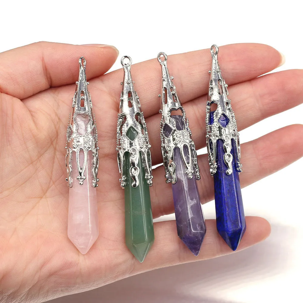 Natursten Chakras Charms Cone Hexagon Pendulum Pendant Rose Quartz Healing Reiki Crystal Finding för DIY Halsband Kvinnor Mode Smycken 12x70mm