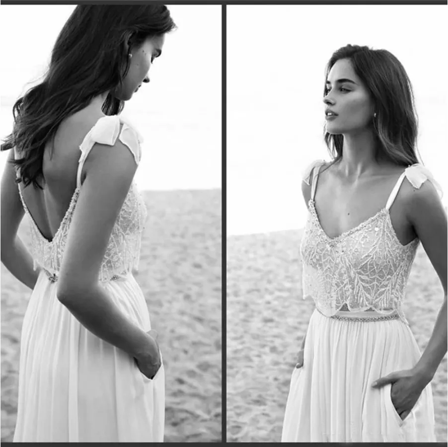 2 Piece Lace Boho Wedding Dress 2021 Spaghetti Neck Beads Backless Bride Gowns Sweep Train Beach Chiffon Wedding Dress