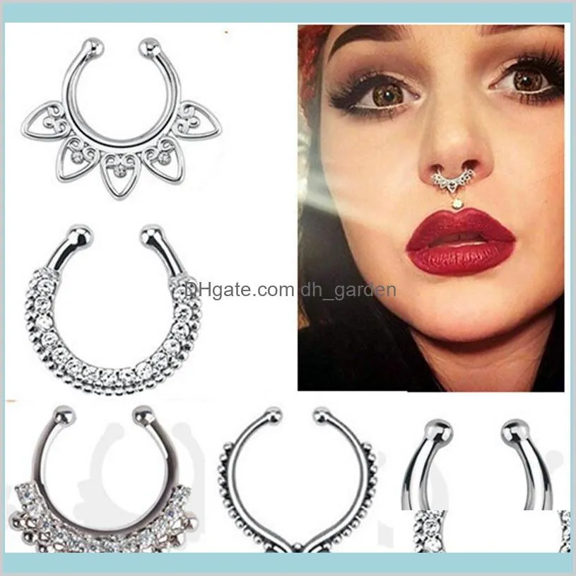 Fashion Fake Septum Medical Titanium Pierścień przebijanie Srebrny Kryształ Indian Body Clip For Women Girls Biżuter Prezent LBM7Y Pierścienie x41dd