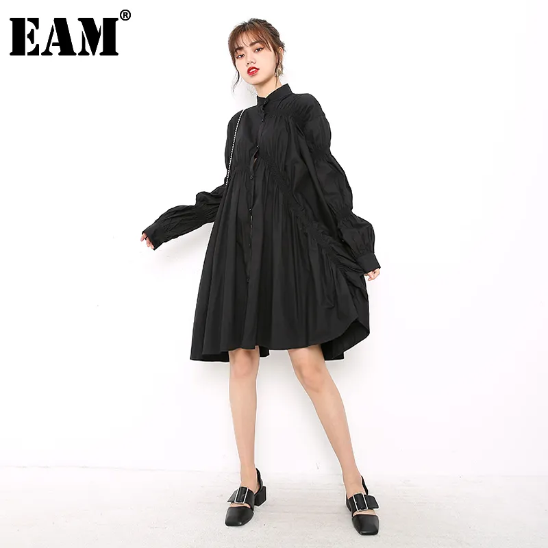 [EAM] Women Black Pleated Irregular Dress Stand Collar Long Sleeve Loose Fit Fashion Spring Autumn JO47800 21512