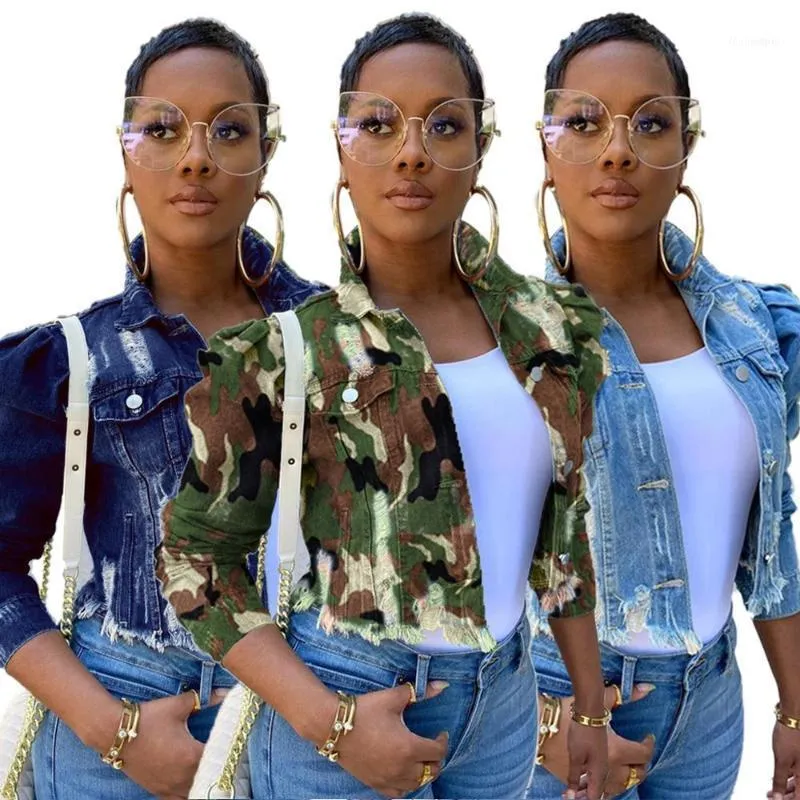 Mode Plus Größe Frauen Denim Mantel Herbst Camouflage Druck dame Revers Kragen Einreiher Ripped Kurze Party S-5XL1