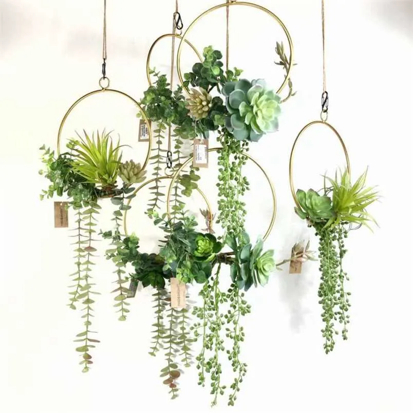 Köttig järnkrans nordisk minimalistisk konstgjord växt krans vägg hängsmycke bröllop antenn hängande krans blommor dekor 211104