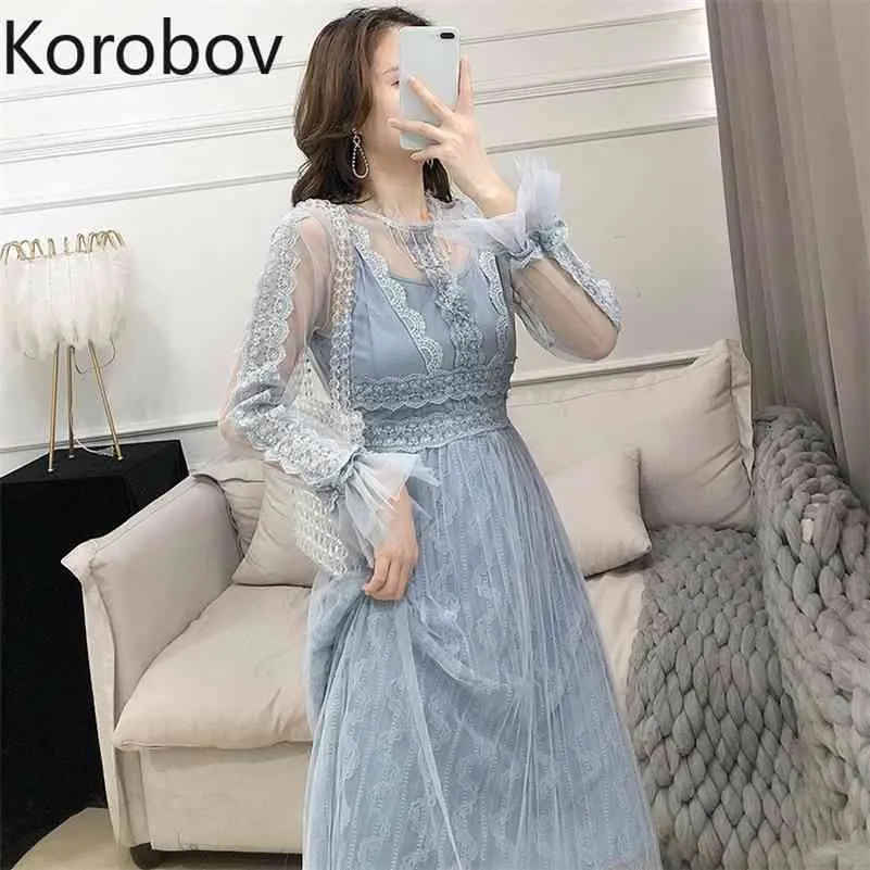 Korobov Sexy Hollow Out Lace Patchwork Camis Dress High Waist Hip a Line Hook Flower Vestido O Neck Petal Długi Rękaw Ropa 2A835 210430