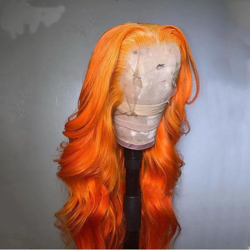 Parrucche sintetiche Parrucca anteriore in pizzo trasparente senza colla e onda del corpo di colore arancione con temperatura di calore quotidiana dei capelli del bambino prepizzicati