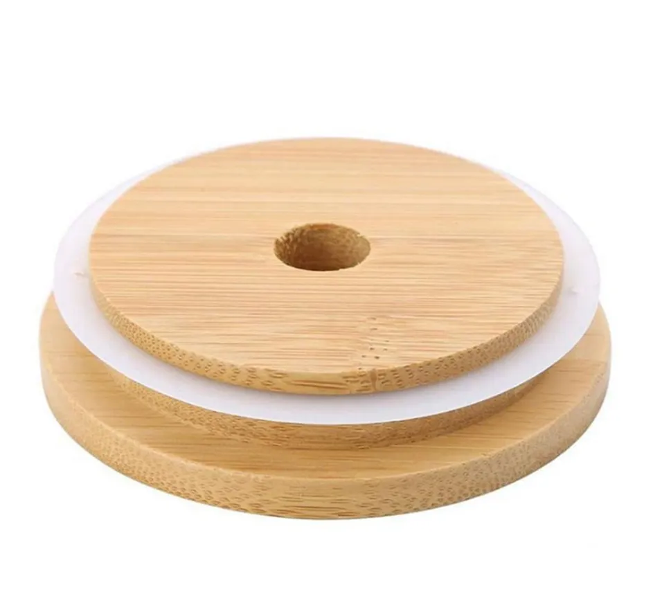 Web celebrity Tik Tok 100 piece Bamboo Cap Lids 70mm 88mm Reusable Wooden Mason Jar Lid with Straw Hole and Silicone Seal DHL Delivery