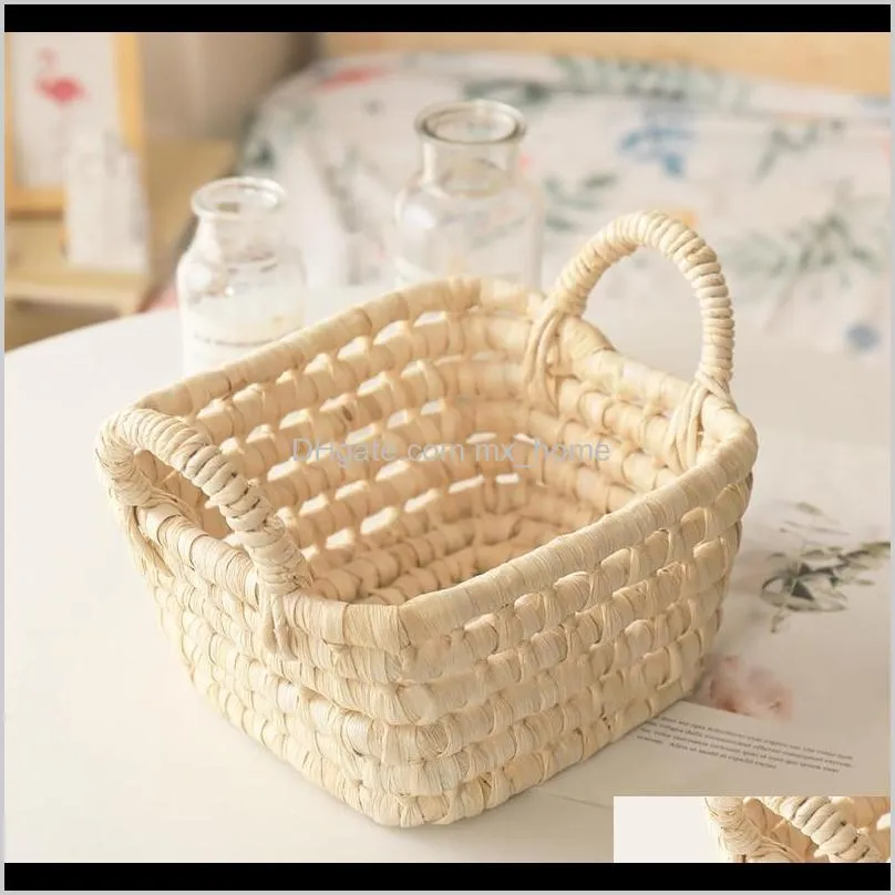 handmade straw storage basket corn husk fruit sundries organizer plant box flower pot with handle baskets