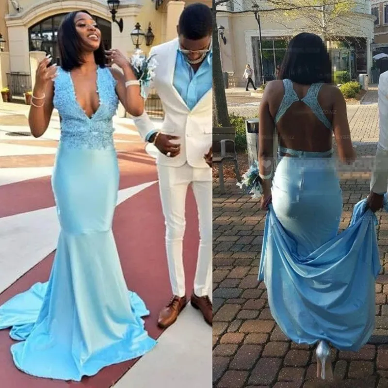 África Luz Céu Azul Sexy Sereia Prom Vestidos Deep V-Neck Lace Appliques Backless Party Dress Night Wear Robe