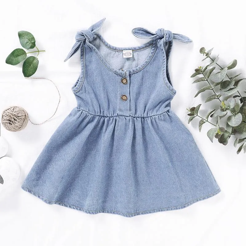 Kızın Elbiseleri Toddler Bebek Kız 2021 Yaz Kolsuz Denim Askı O-Boyun Elbise Düğme Moda Prenses Elbiseler # 1