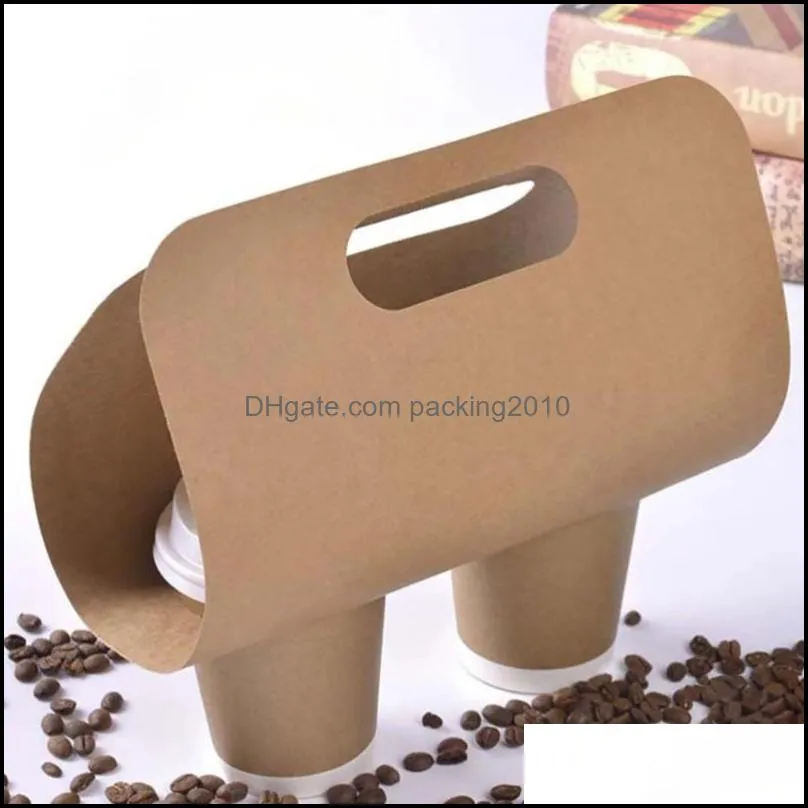 50/100pcs Kraft Paper Cup Holder Portable Beverage Plastic Packaging Disposable Coffee Takeaway Drink Gift Wrap