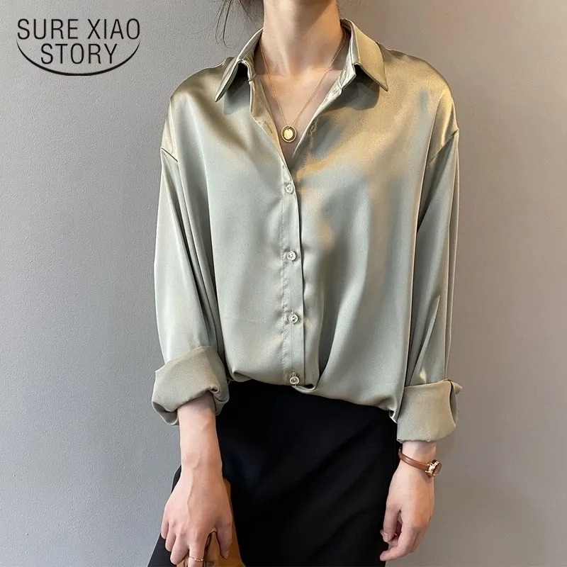 Модная кнопка атласная шелковая рубашка осенняя винтажная блузка женщины с длинным рукавом белые рубашки топы леди шикарный корейский офис рубашка 11355 210410