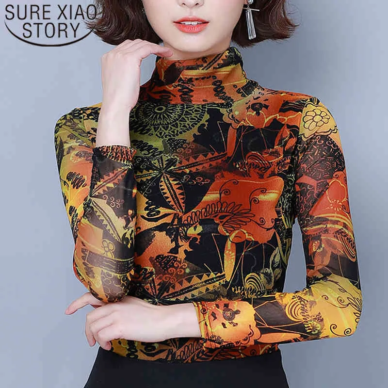 Camicia a maniche lunghe moda Top dolcevita floreale Slim vestiti coreani Tshirt Stampa Plus Size Donna 7497 50 210415
