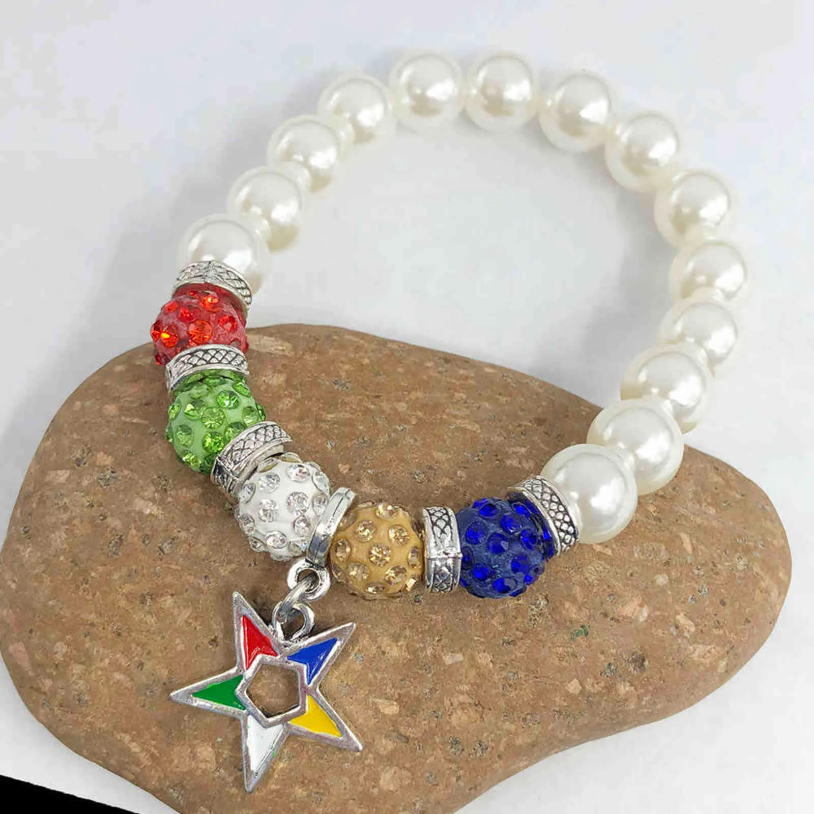 Handgemaakte Griekse Sorority Elastische witte parelorder van de Oosterse Star Disco Ball Chram Armband Dames Sieraden