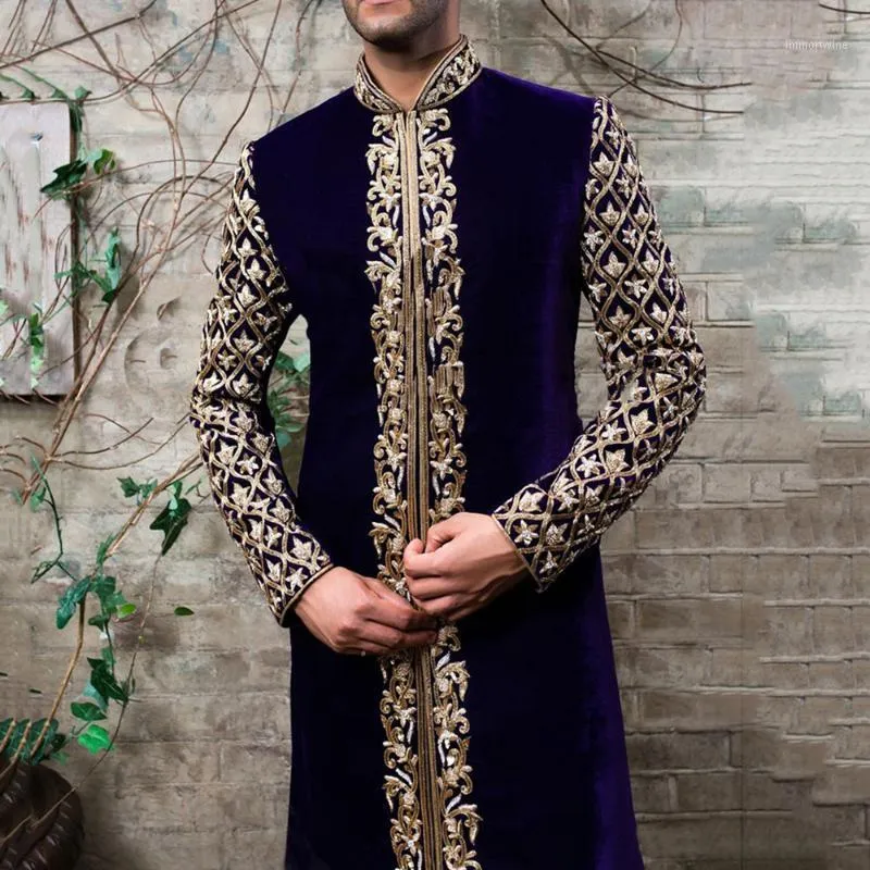 エスニック服アバヤ男イスラム教徒のファッションアラビア男性服 2021 Jubba トーブカフタンドレススタンドカラーゴールドプリント控えめなイスラム男性
