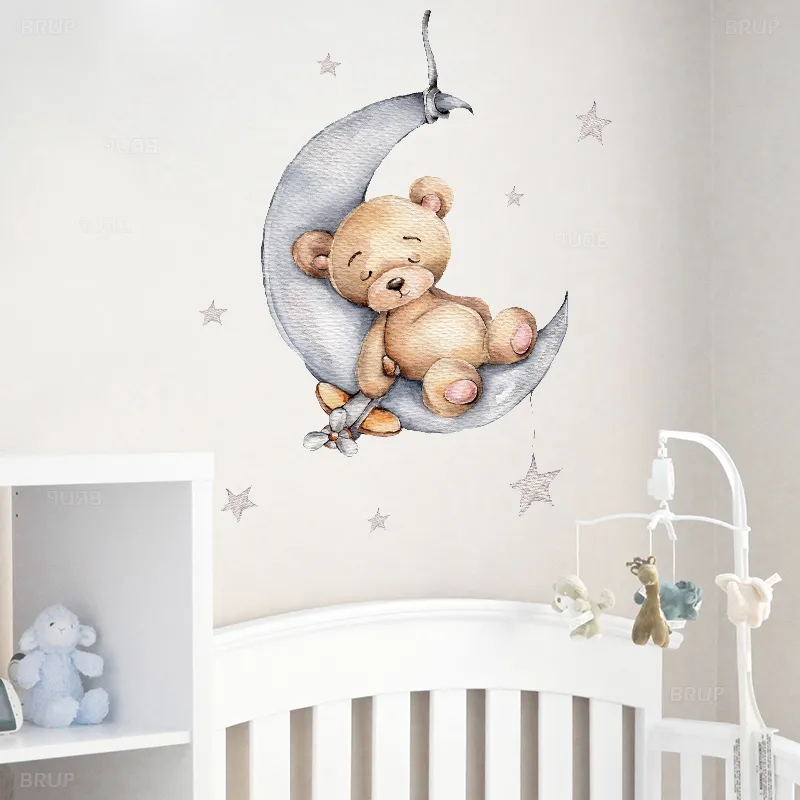 Dibujos animados conejito oso durmiendo en la luna y estrellas pegatinas de pared para niños Habitación Dibujos animados conejito oso durmiendo en la luna y estrellas pegatinas de pared para niños Habitación