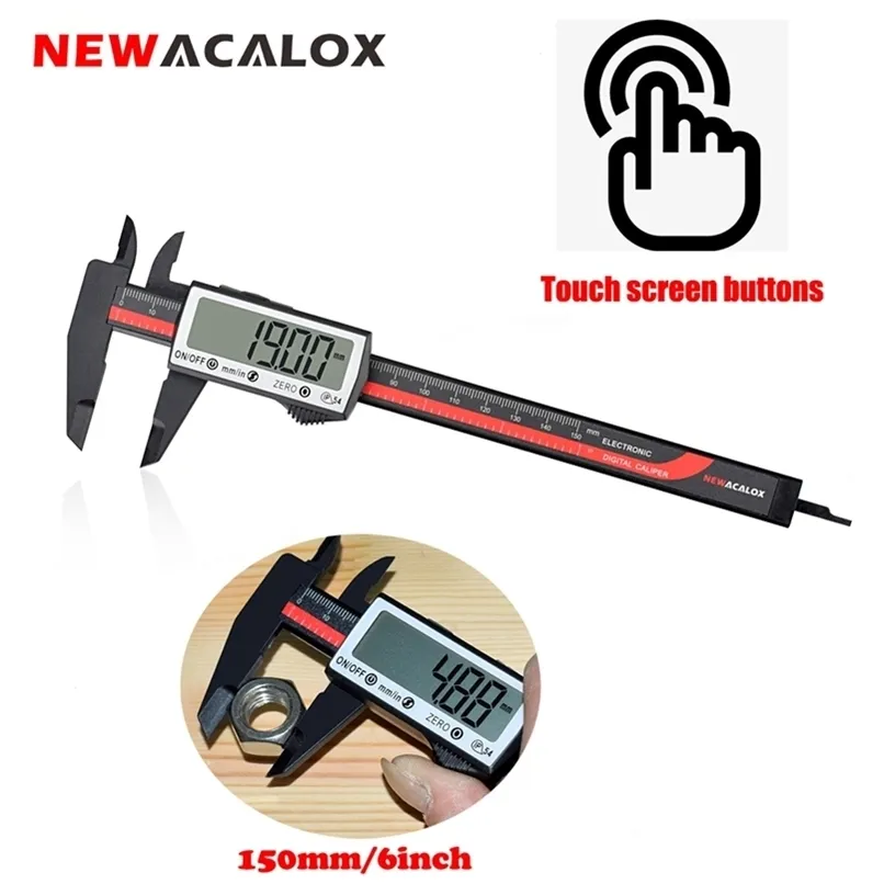 Acalox Carbon Fiber 0-6Inch / 150mm Touch Screen Digital Caliper Large LCD-tum / metrisk konvertering Mätverktyg 210922