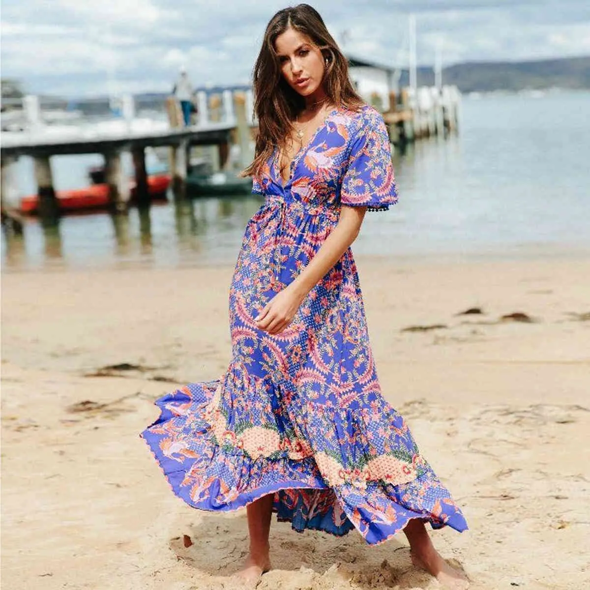 Jastie Boho Style Beach Long Dress Button V-Neck Kobiety Sukienki Tassle Chic Krótki Rękaw Summer Sukienka Sukienka Kobieta Vestidos 210419