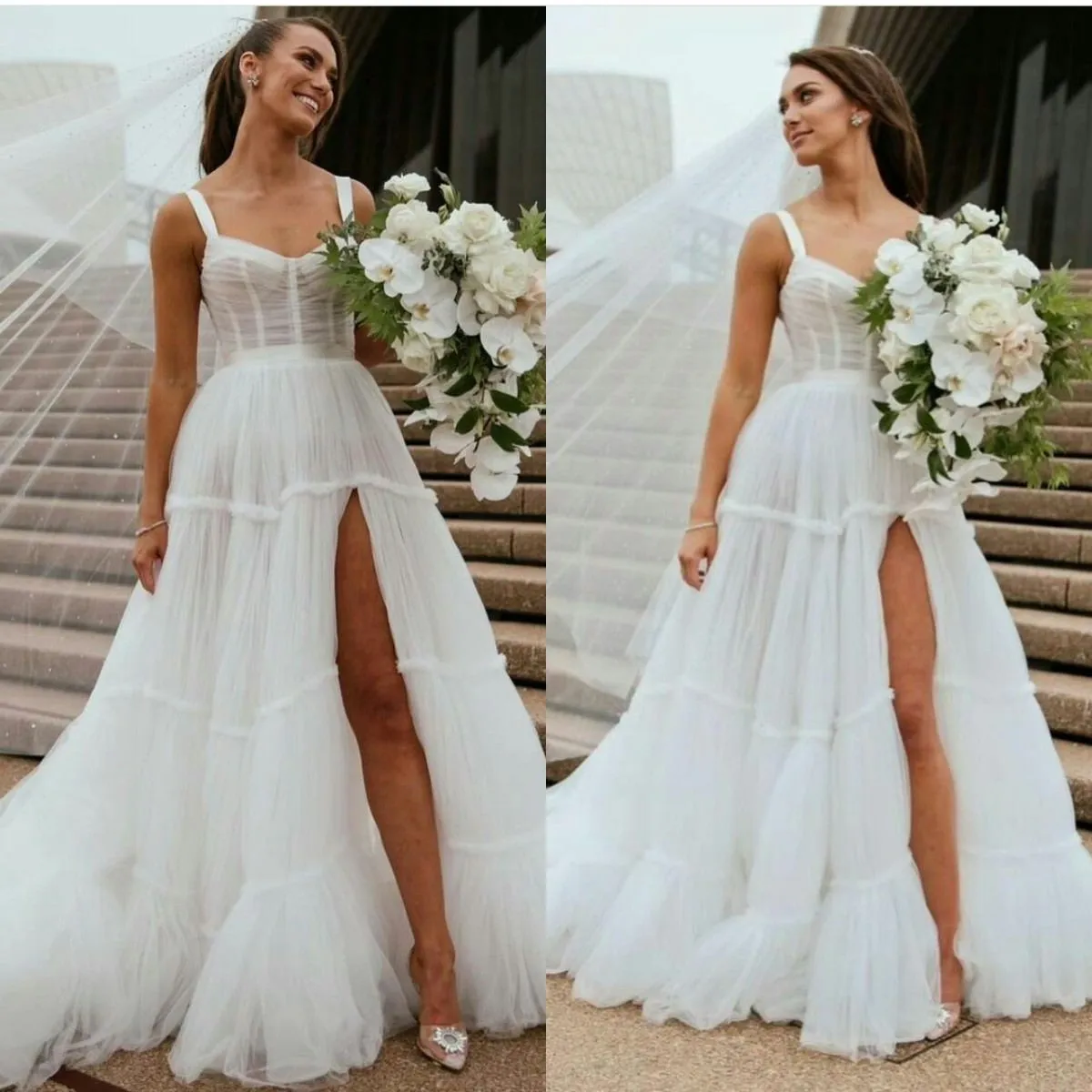 Sexy Strand-Böhmisches Hochzeitskleid Illusion High Split Tiered Brautkleider Rückenfrei Sweep Train Brautkleider Robes de Mari￩e