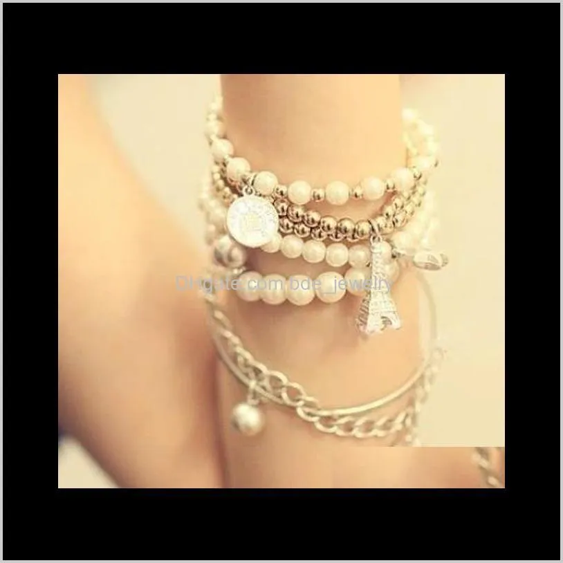 jewelry bohemian style gold/silver plated multilayer simulated pearl charms bracelets eiffel tower star coins pendant bracelet for