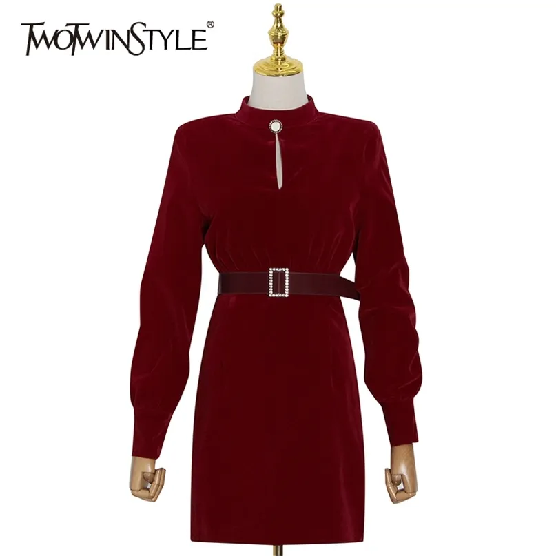 Vintage velours jurk voor vrouwen stand kraag lange mouw hoge taille patchwork parel sjerpen mini jurken vrouwelijke herfst 210520