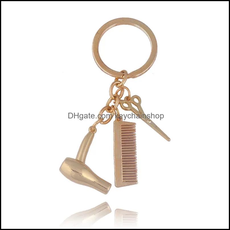 10pcRJ Barbershop Gold Scissors Comb Fan Pendant Keychain For Women Men Barber Car Purse Jewelry Accessories Special Gift