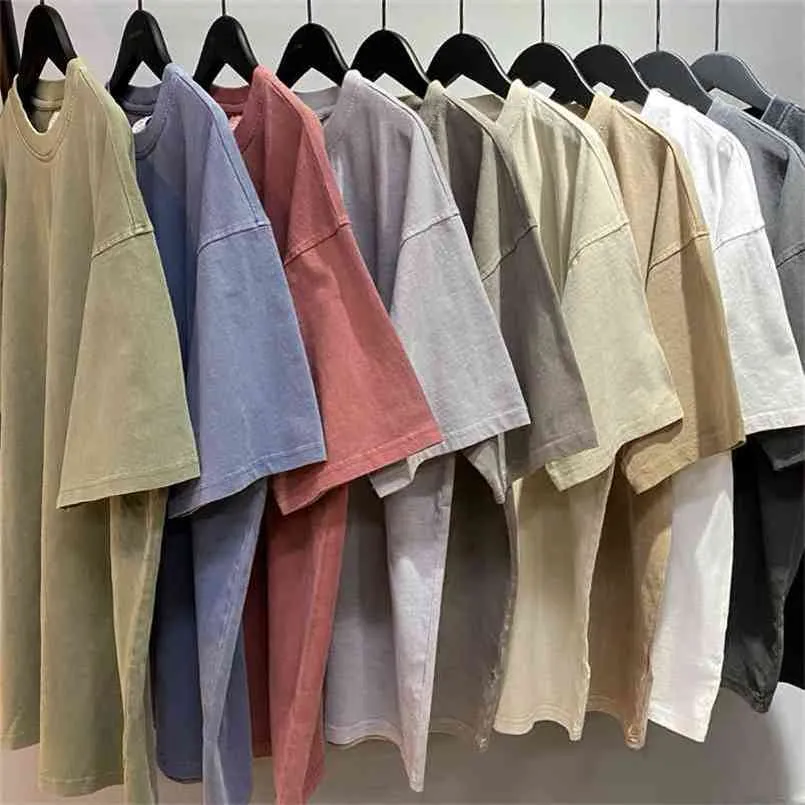 Summer Garment-Washed Heavy Cotton T-shirt Short Sleeve Raglan Tops Hip Hop Tee Streetwear Nine Colors 210714