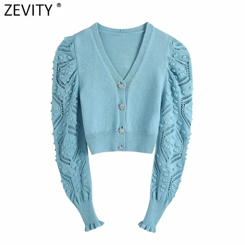 Kobiety Moda V Neck Rękaw Puff Hollow Out Crochet Krótki Dzianiny Sweter Kobiet Chic Diament Przycisk Cardigans Topy SW802 210420